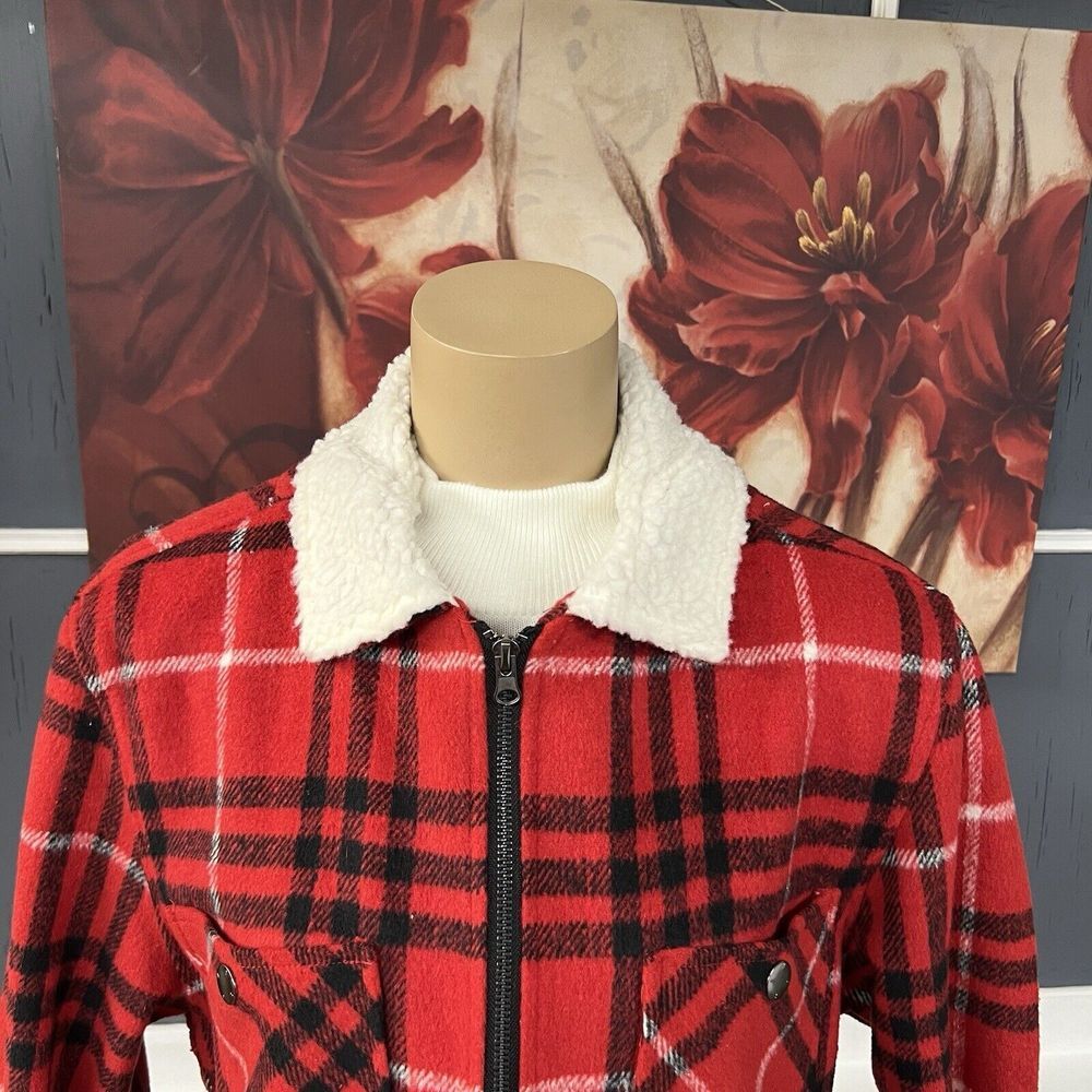 Wesc Liam Jacket Over Shirt Buffalo Plaid Red Flannel Sherpa Full Zip Unlined - Picture 4 of 10